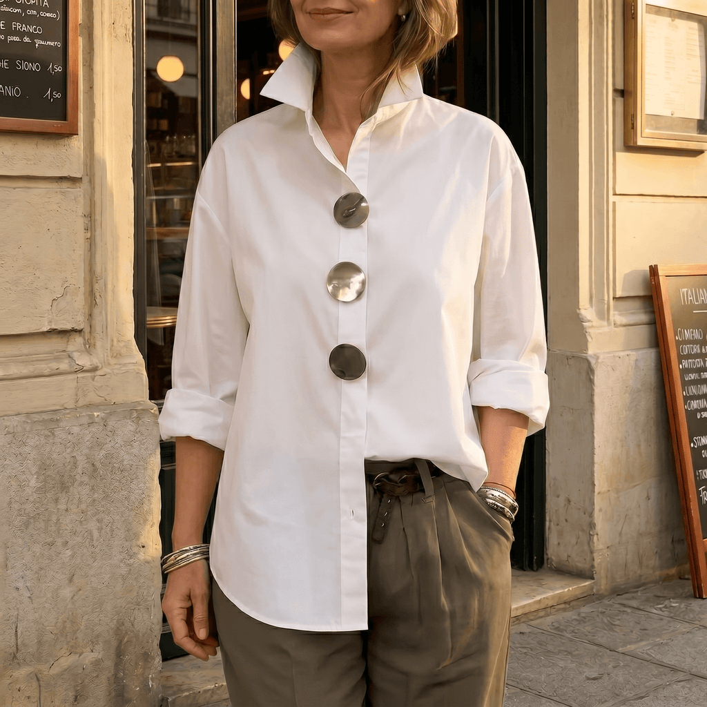 Women's Oversized Button-Front Blouse with Stand Collar - Mattia Cremasco