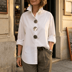 Women's Oversized Button-Front Blouse with Stand Collar - Mattia Cremasco