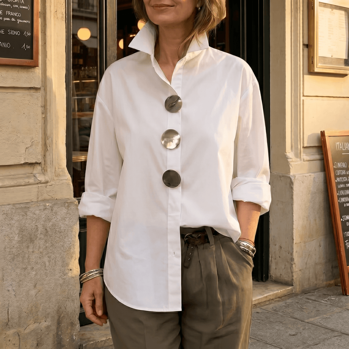 Women's Oversized Button-Front Blouse with Stand Collar - Mattia Cremasco