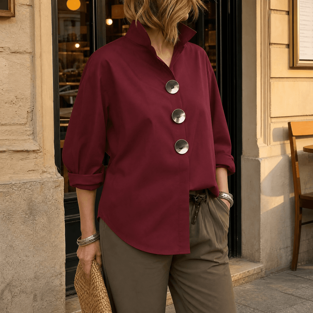Women's Oversized Button-Front Blouse with Stand Collar - Mattia Cremasco