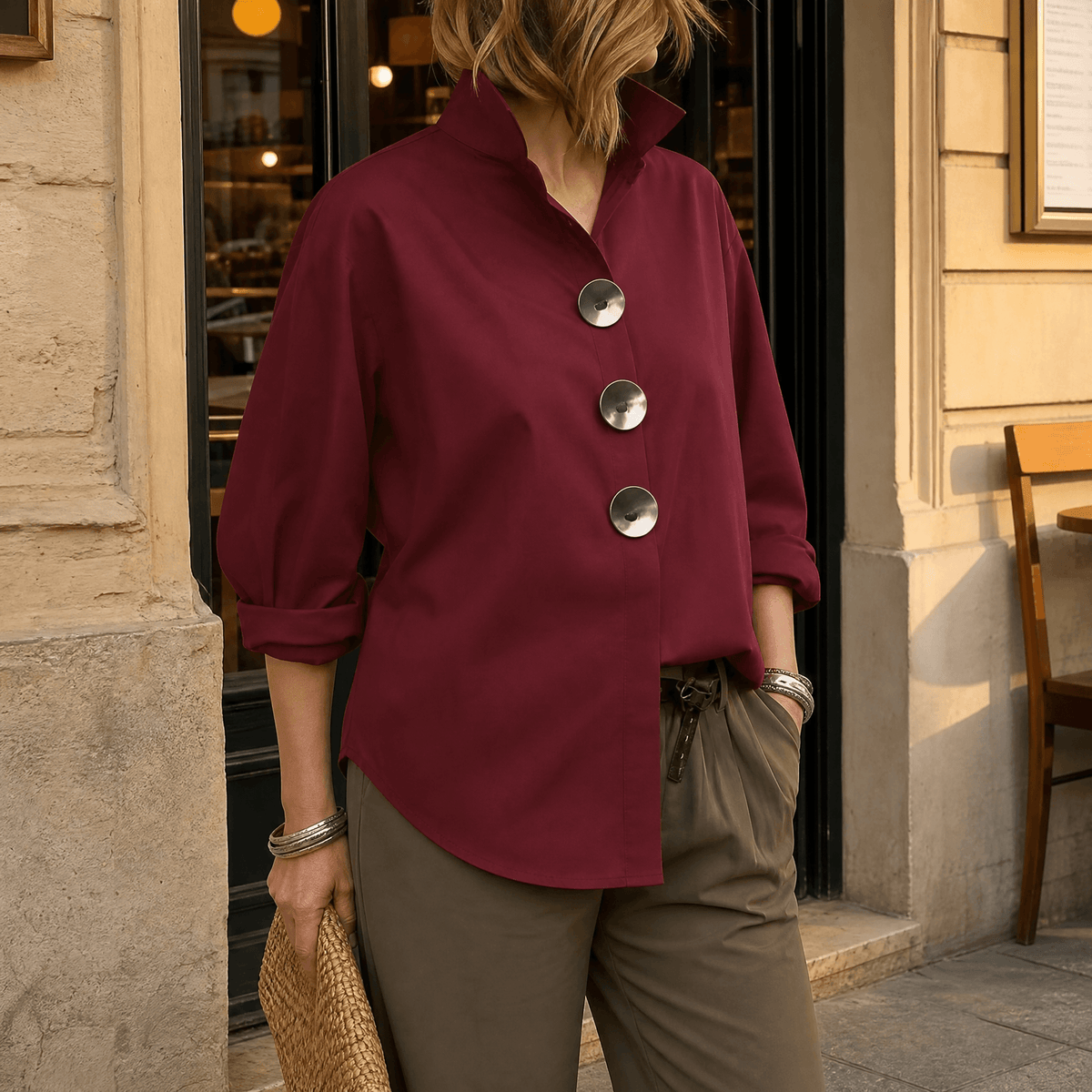 Women's Oversized Button-Front Blouse with Stand Collar - Mattia Cremasco
