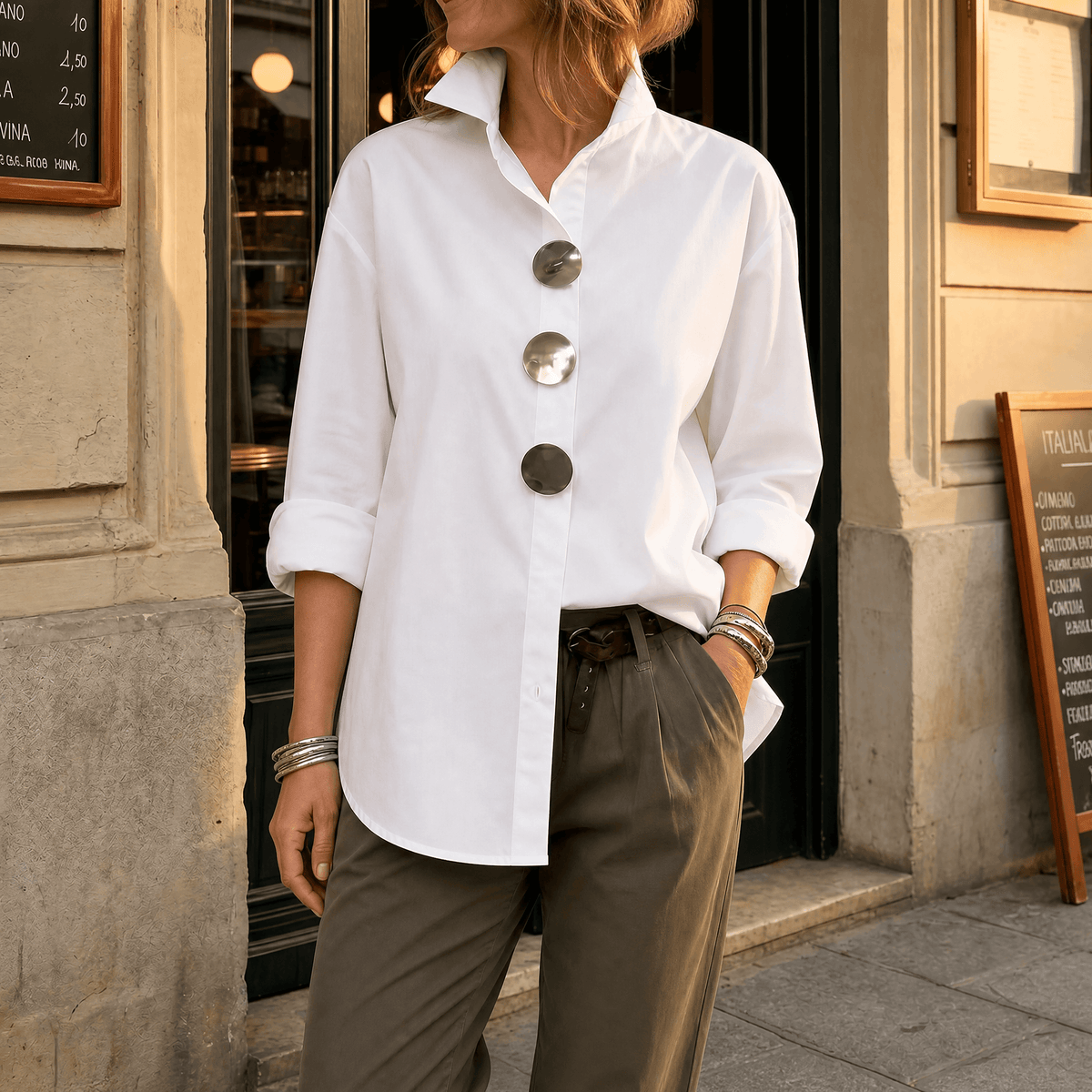 Women's Oversized Button-Front Blouse with Stand Collar - Mattia Cremasco