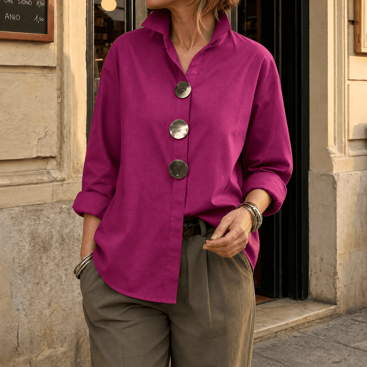 Women's Oversized Button-Front Blouse with Stand Collar - Mattia Cremasco