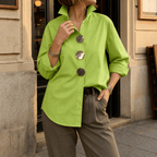 Women's Oversized Button-Front Blouse with Stand Collar - Mattia Cremasco