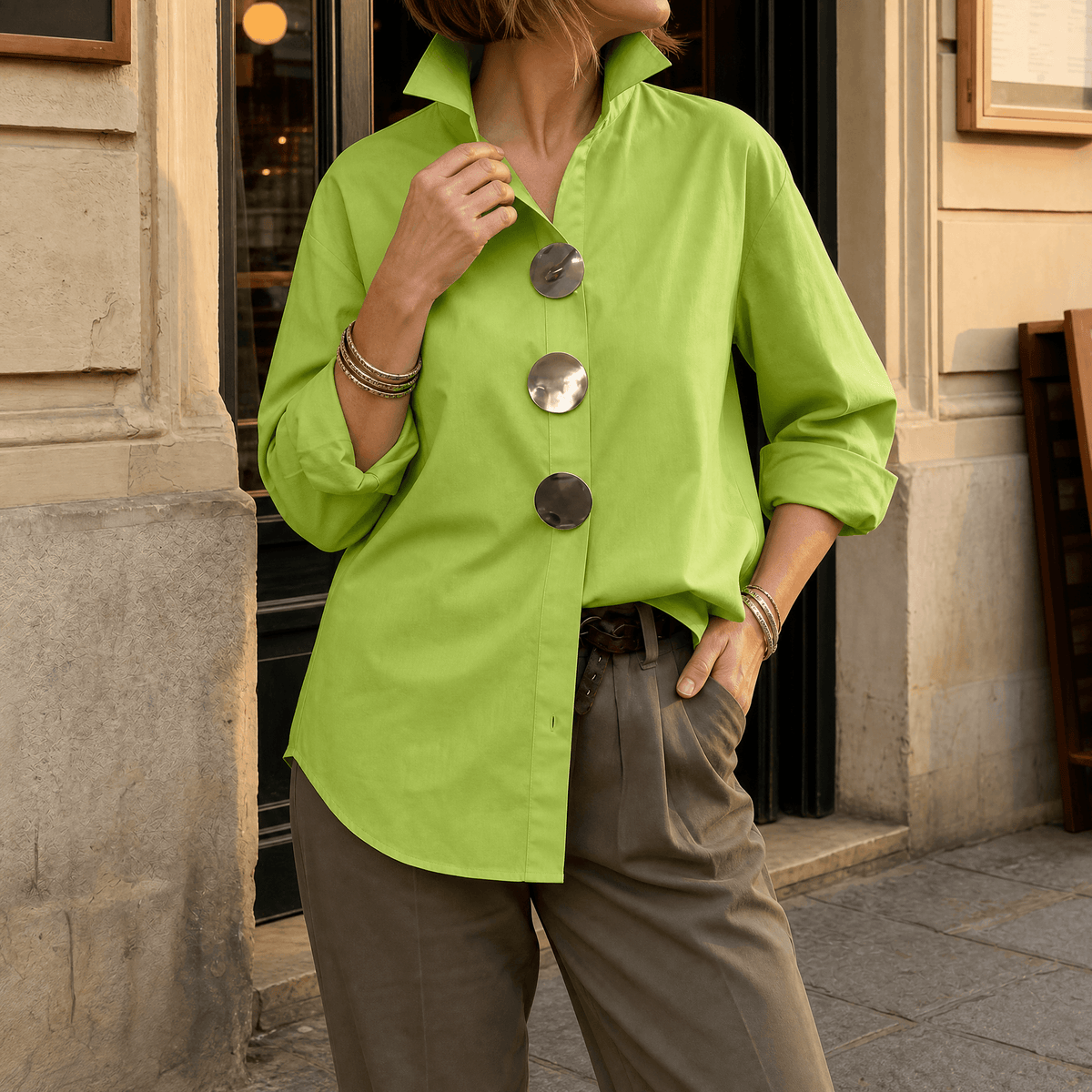 Women's Oversized Button-Front Blouse with Stand Collar - Mattia Cremasco