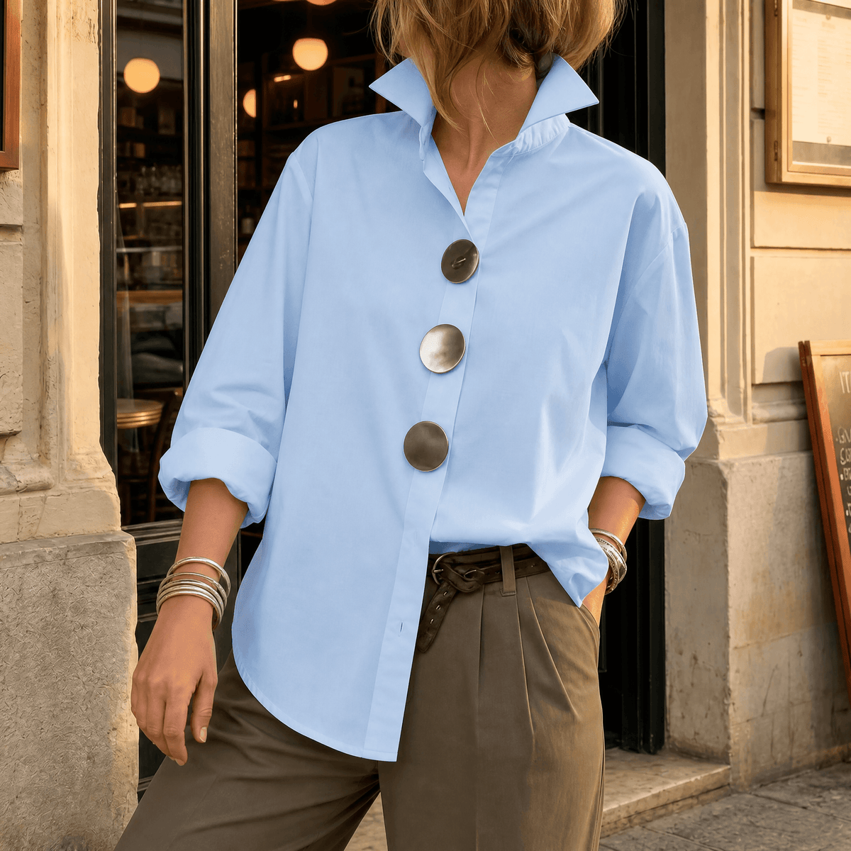 Women's Oversized Button-Front Blouse with Stand Collar - Mattia Cremasco