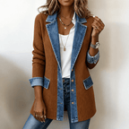 Women's Ribbed Knit Coat with Denim Collar and Cuffs - Mattia Cremasco