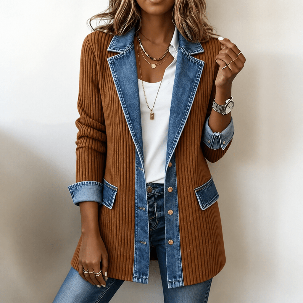 Women's Ribbed Knit Coat with Denim Collar and Cuffs - Mattia Cremasco