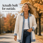 Women's Ribbed Knit Coat with Denim Collar and Cuffs - Mattia Cremasco
