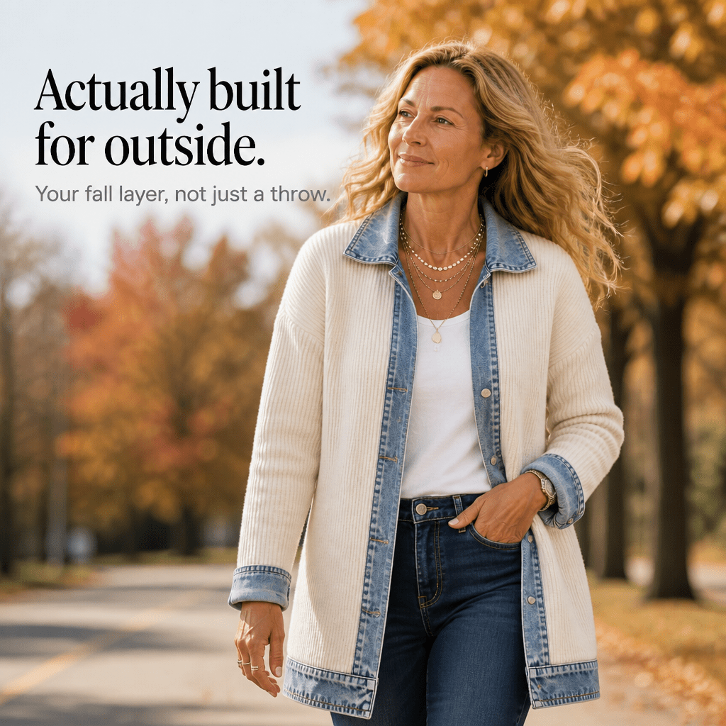 Women's Ribbed Knit Coat with Denim Collar and Cuffs - Mattia Cremasco