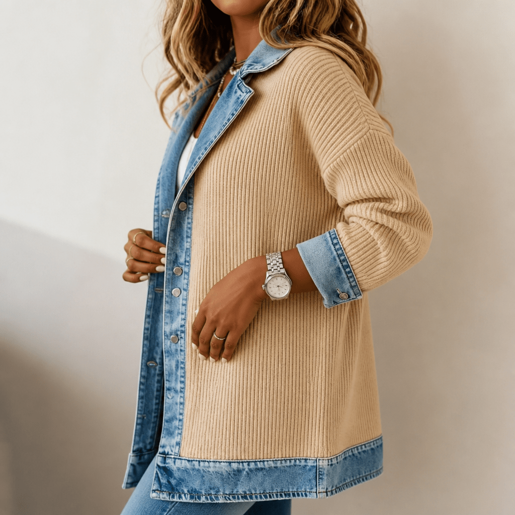 Women's Ribbed Knit Coat with Denim Collar and Cuffs - Mattia Cremasco