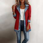 Women's Ribbed Knit Coat with Denim Collar and Cuffs - Mattia Cremasco