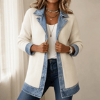 Women's Ribbed Knit Coat with Denim Collar and Cuffs - Mattia Cremasco