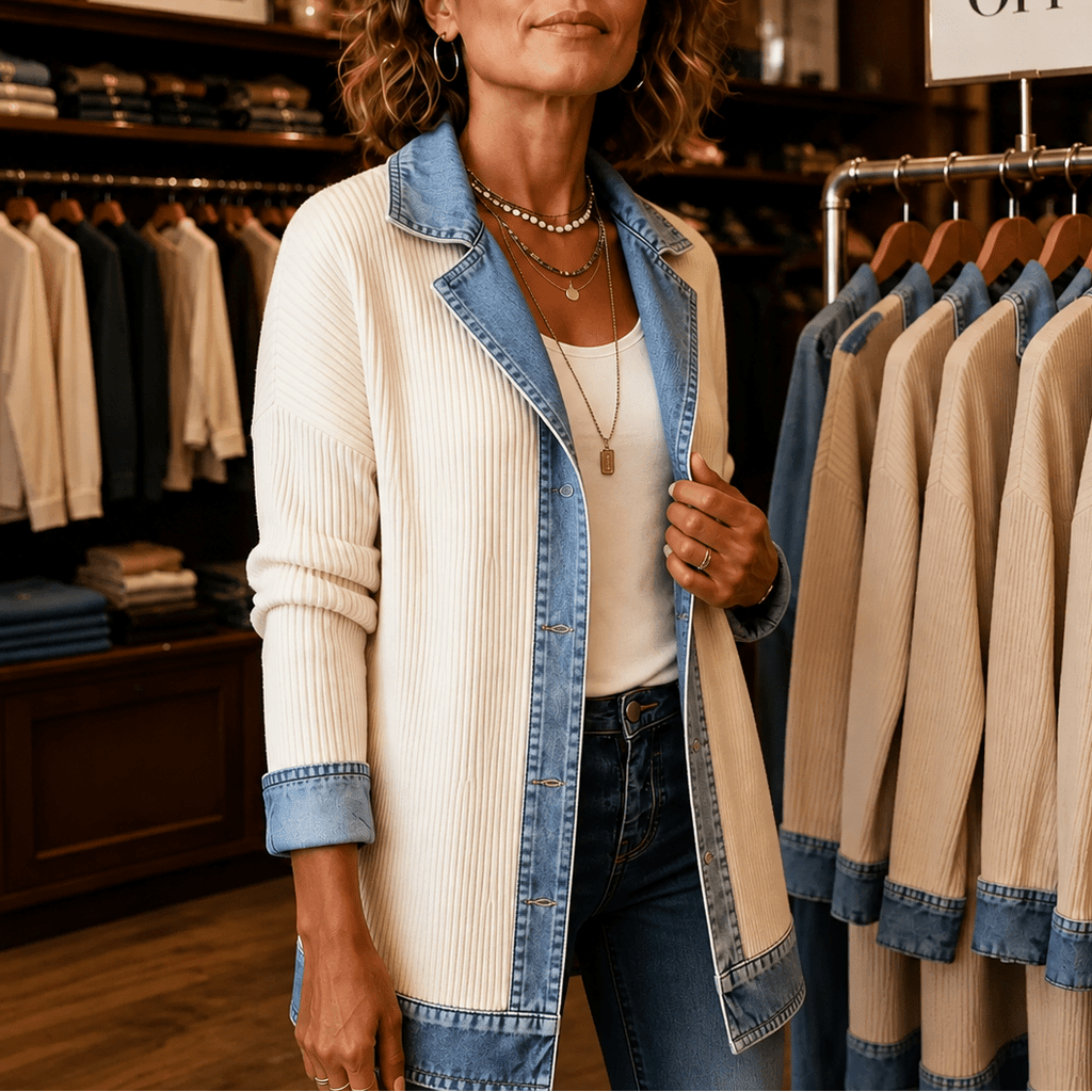 Women's Ribbed Knit Coat with Denim Collar and Cuffs - Mattia Cremasco
