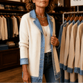 Women's Ribbed Knit Coat with Denim Collar and Cuffs - Mattia Cremasco