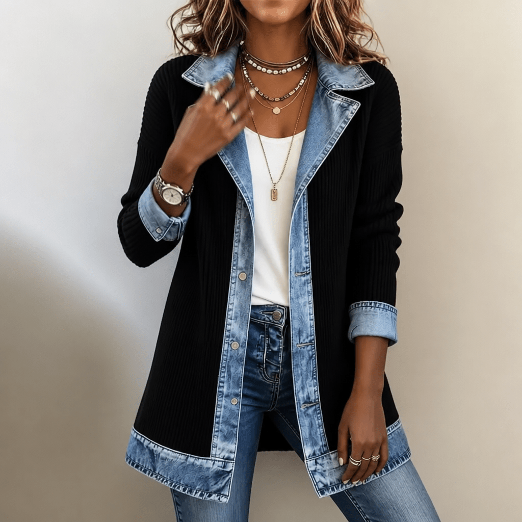 Women's Ribbed Knit Coat with Denim Collar and Cuffs - Mattia Cremasco