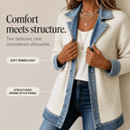 Women's Ribbed Knit Coat with Denim Collar and Cuffs - Mattia Cremasco