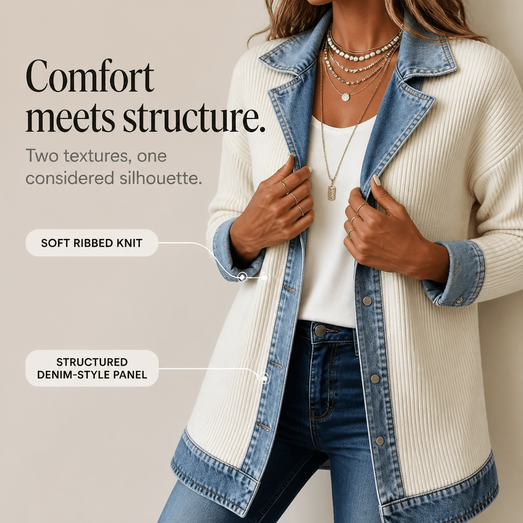 Women's Ribbed Knit Coat with Denim Collar and Cuffs - Mattia Cremasco