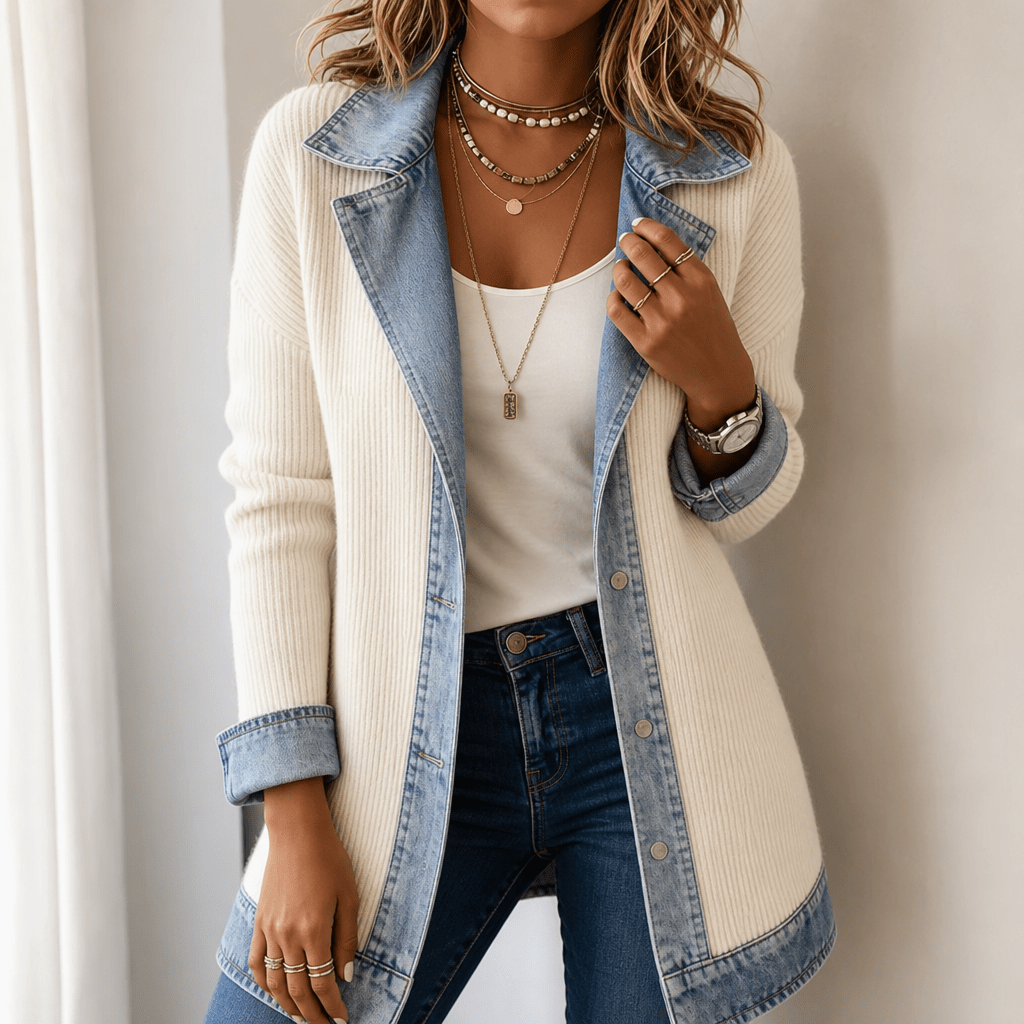 Women's Ribbed Knit Coat with Denim Collar and Cuffs - Mattia Cremasco
