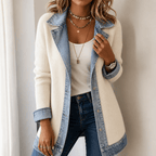 Women's Ribbed Knit Coat with Denim Collar and Cuffs - Mattia Cremasco