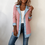 Women's Ribbed Knit Coat with Denim Collar and Cuffs - Mattia Cremasco