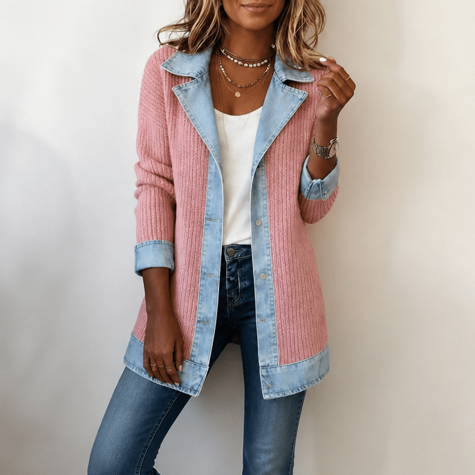 Women's Ribbed Knit Coat with Denim Collar and Cuffs - Mattia Cremasco
