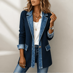 Women's Ribbed Knit Coat with Denim Collar and Cuffs - Mattia Cremasco