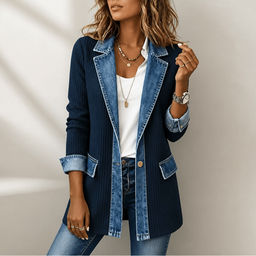 Women's Ribbed Knit Coat with Denim Collar and Cuffs - Mattia Cremasco