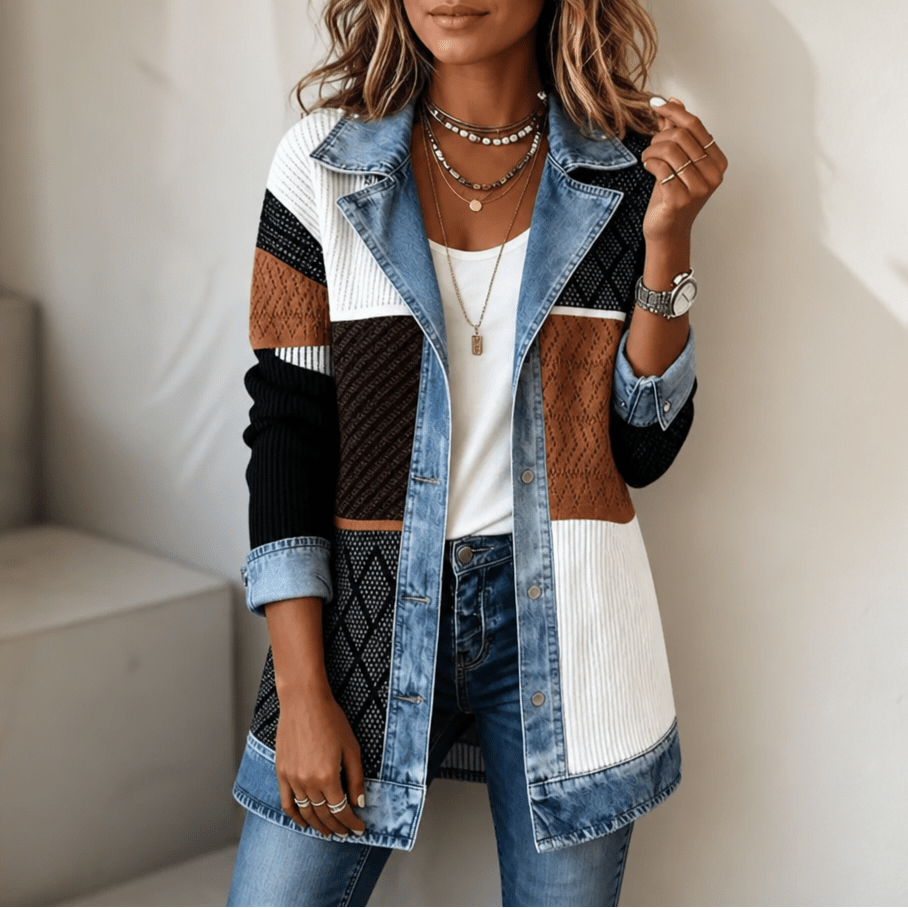 Women's Ribbed Knit Coat with Denim Collar and Cuffs - Mattia Cremasco