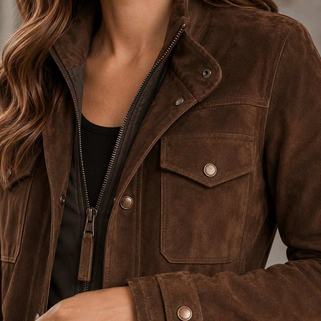 Women's Suede Utility Jacket with Button Front - Mattia Cremasco