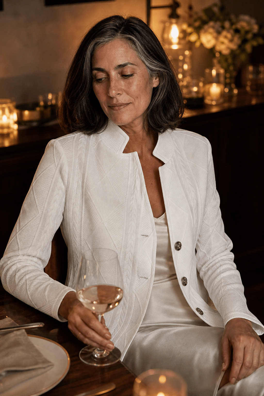 Women's Textured Knit Blazer with Stand Collar - Mattia Cremasco