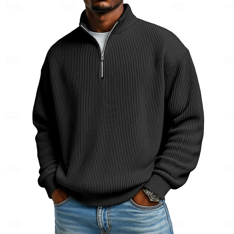 Men's Ribbed Quarter-Zip Pullover with Stand Collar